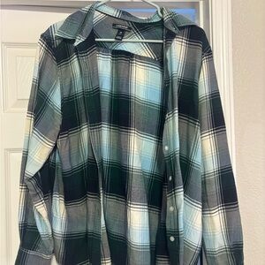 Lands' End Green and White Plaid Button-Down Shirt